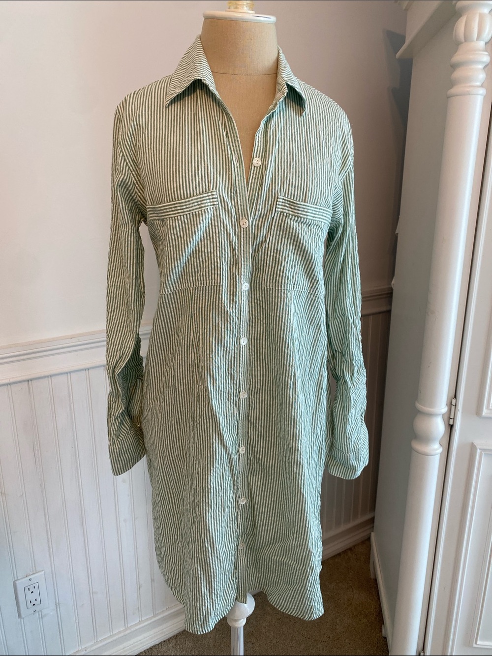 Roller Rabbit Green and White Striped Long Sleeve Shirt Dress